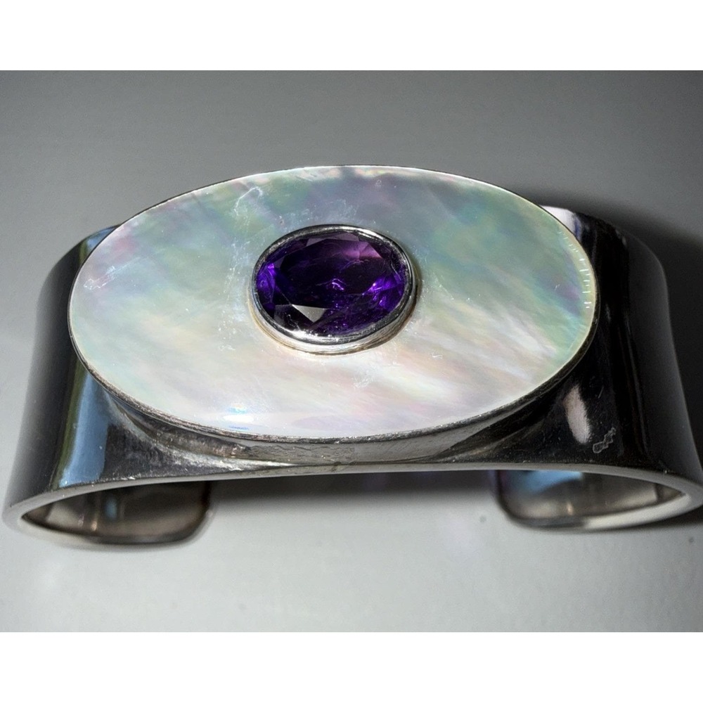 VTG Southwestern Vintage Sterling Silver Shell Amethyst Cuff Bracelet 32g